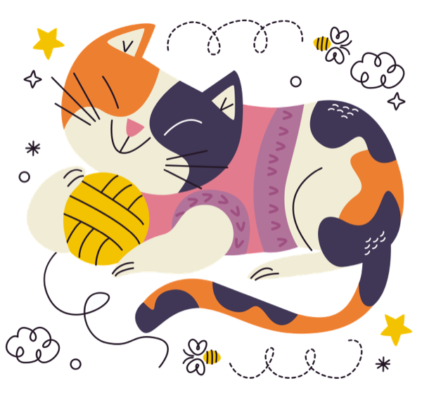 A calico cat in a knitted sweater, curled up with a ball of yarn
